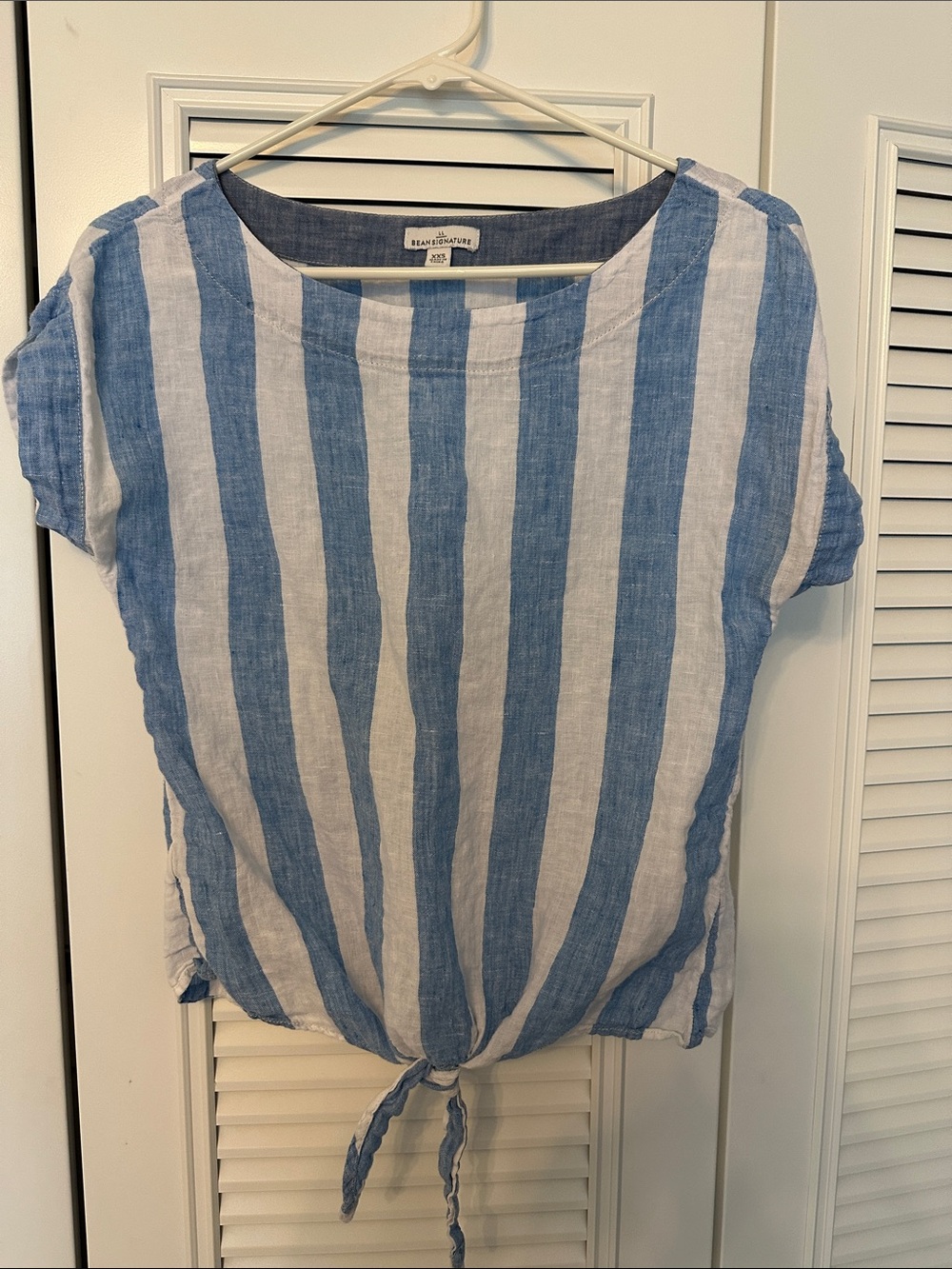 L.L. Bean Signature Blue and White Vertical Stripe Tie-Front Linen Top